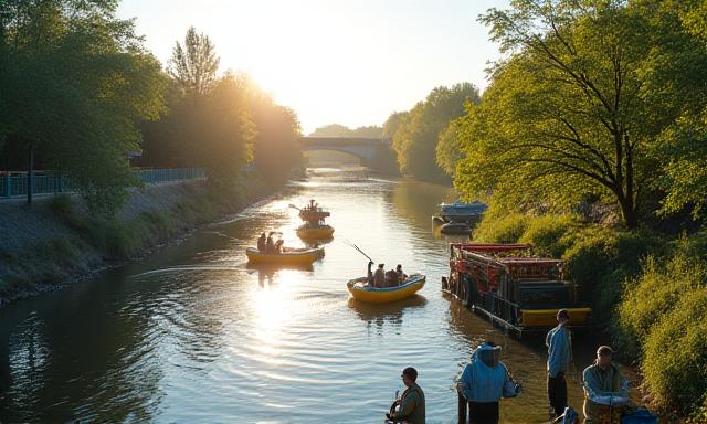 Limpieza profesional de río urbano con equipos especializados