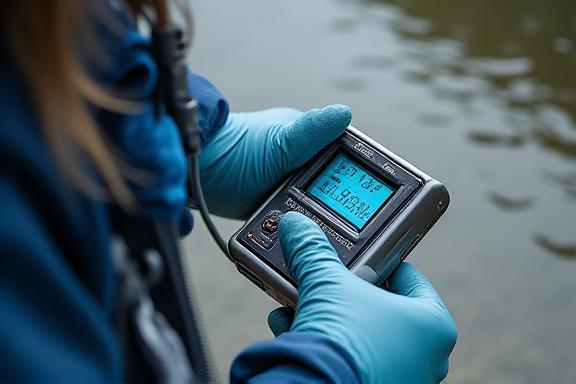 Técnico analizando la calidad del agua en un río urbano de Madrid